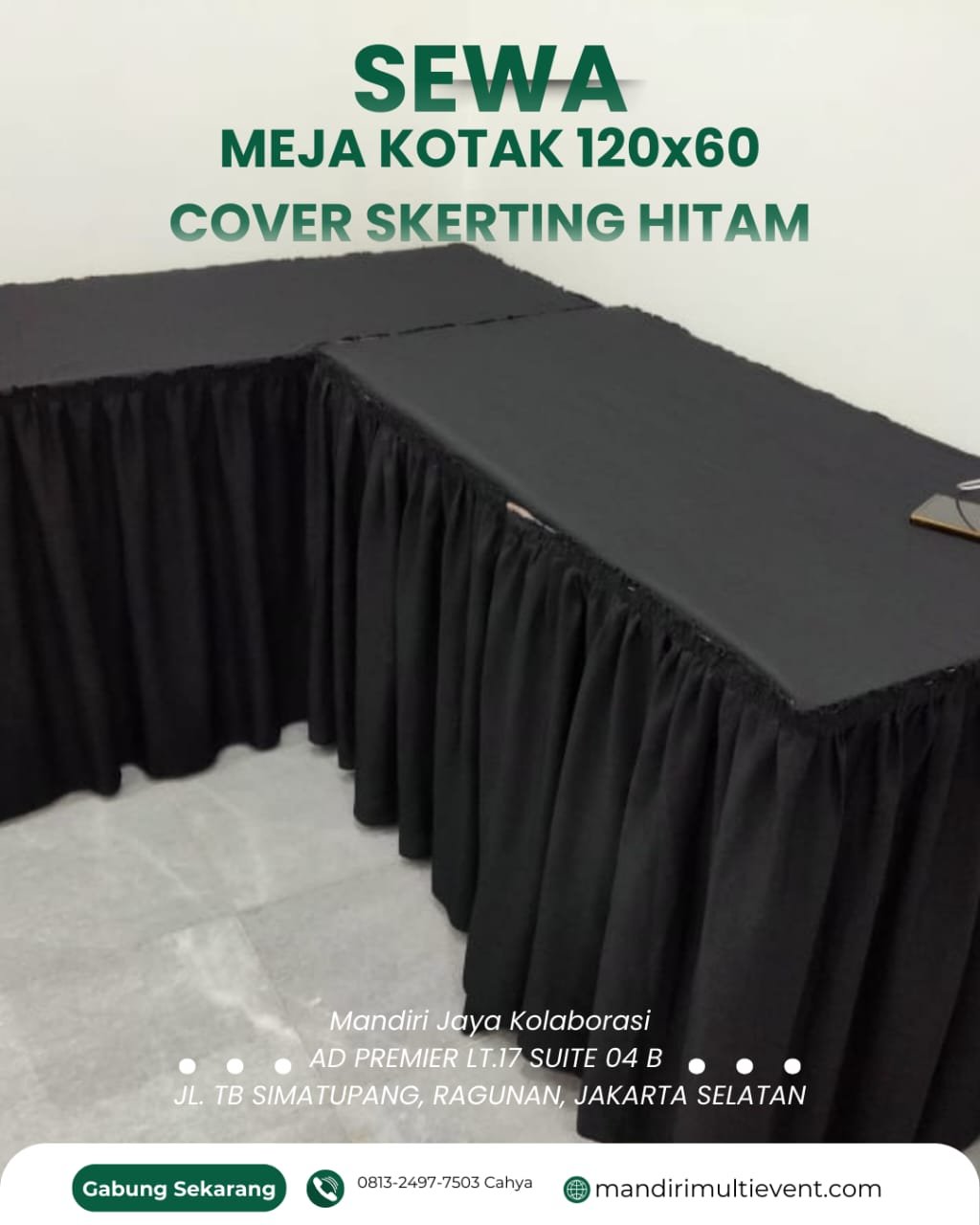 Rental Meja Kotak 120x60cm Cover Skirting Hitam
