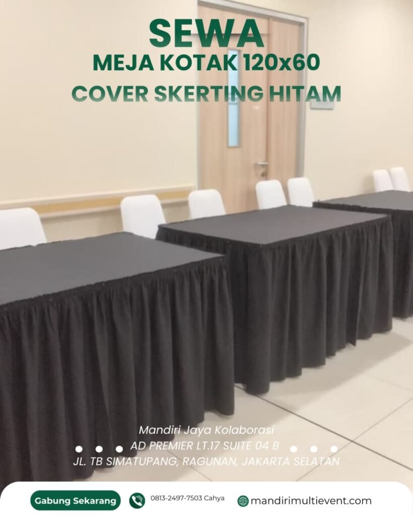 Rental Meja Kotak 120x60cm Cover Skirting Hitam