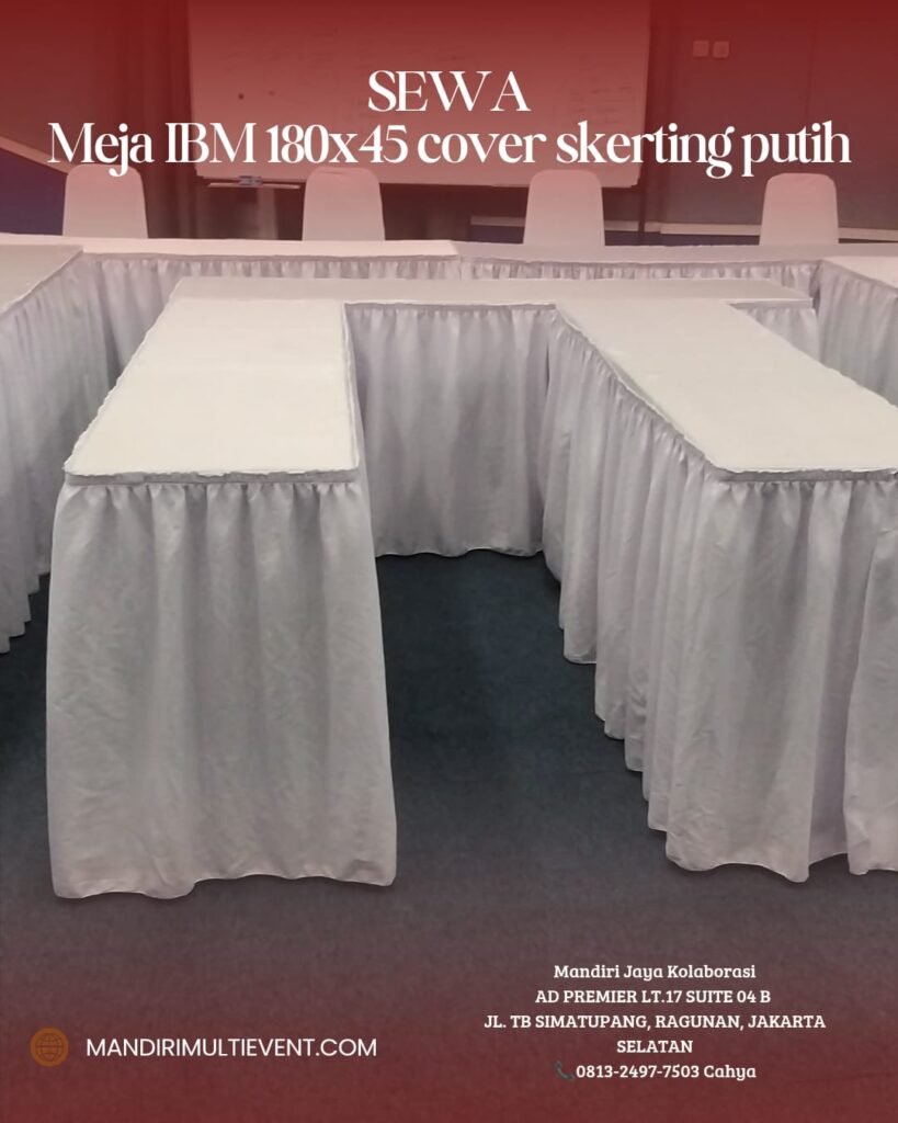 Sewa Meja IBM 180x45 Cover Skerting Putih
