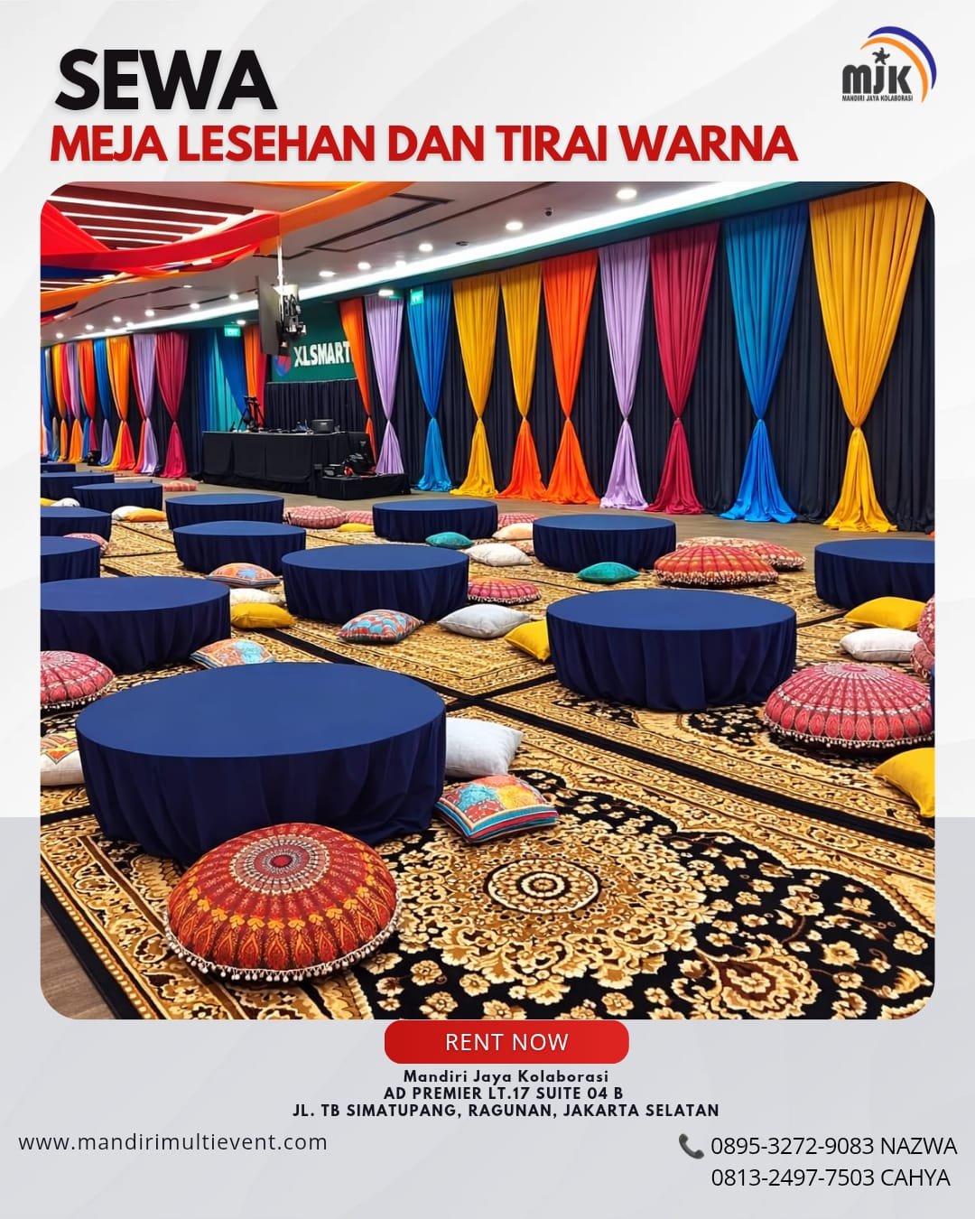 SEWA MEJA LESEHAN DAN TIRAI WARNA