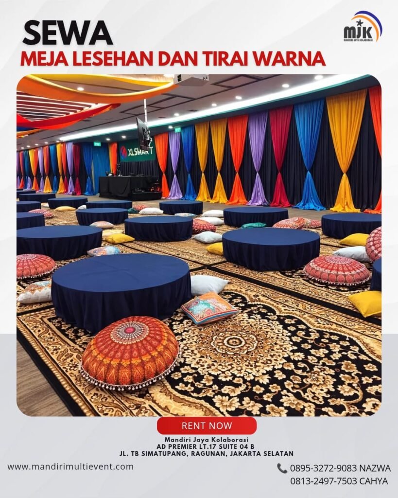 SEWA MEJA LESEHAN DAN TIRAI WARNA