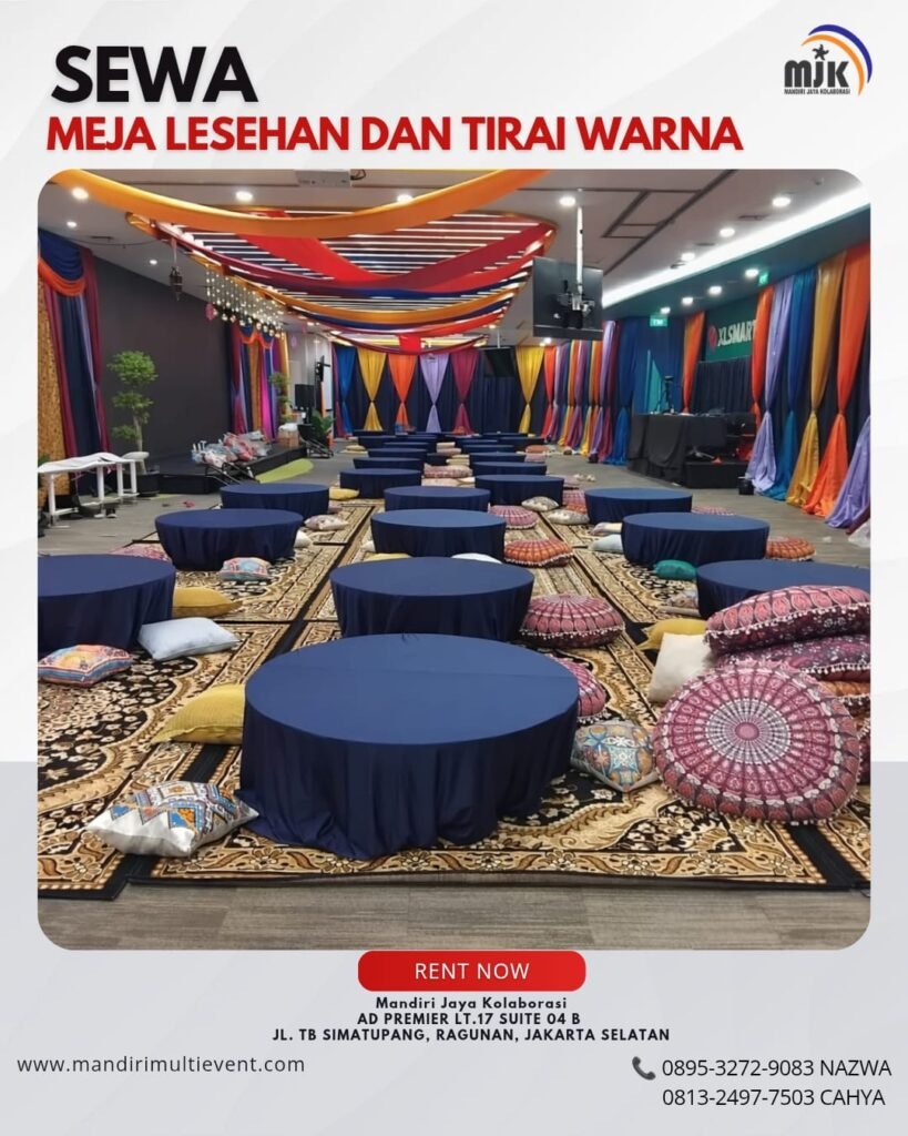 SEWA MEJA LESEHAN DAN TIRAI WARNA
