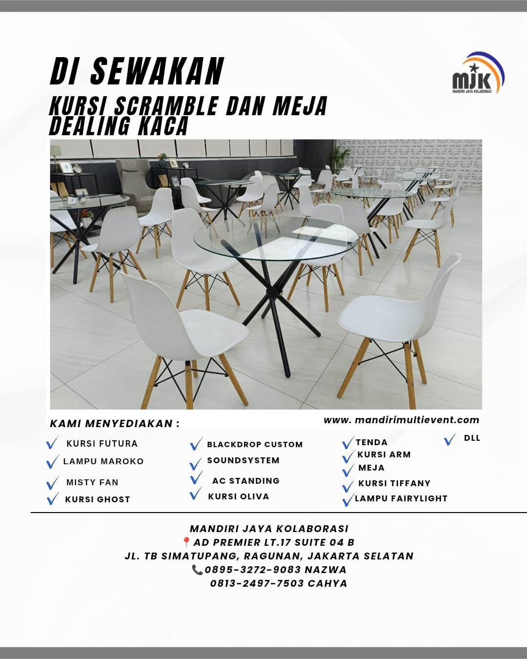 SEWA KURSI SCRAMBLE & MEJA DAELING KACA
