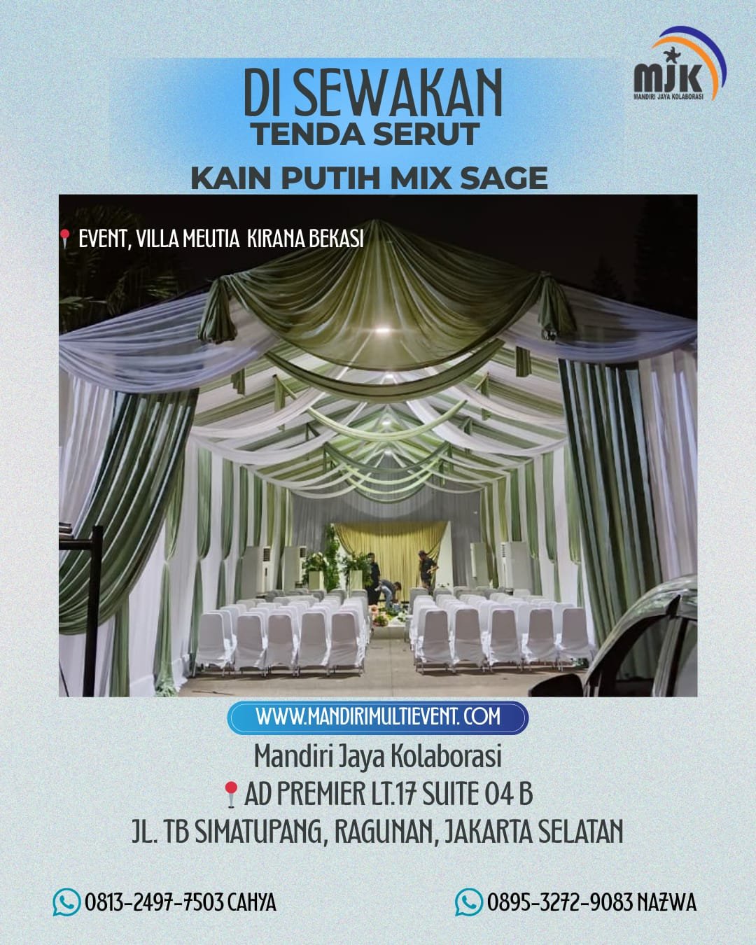 SEWA TENDA SERUT KAIN PUTIH MIX SAGE