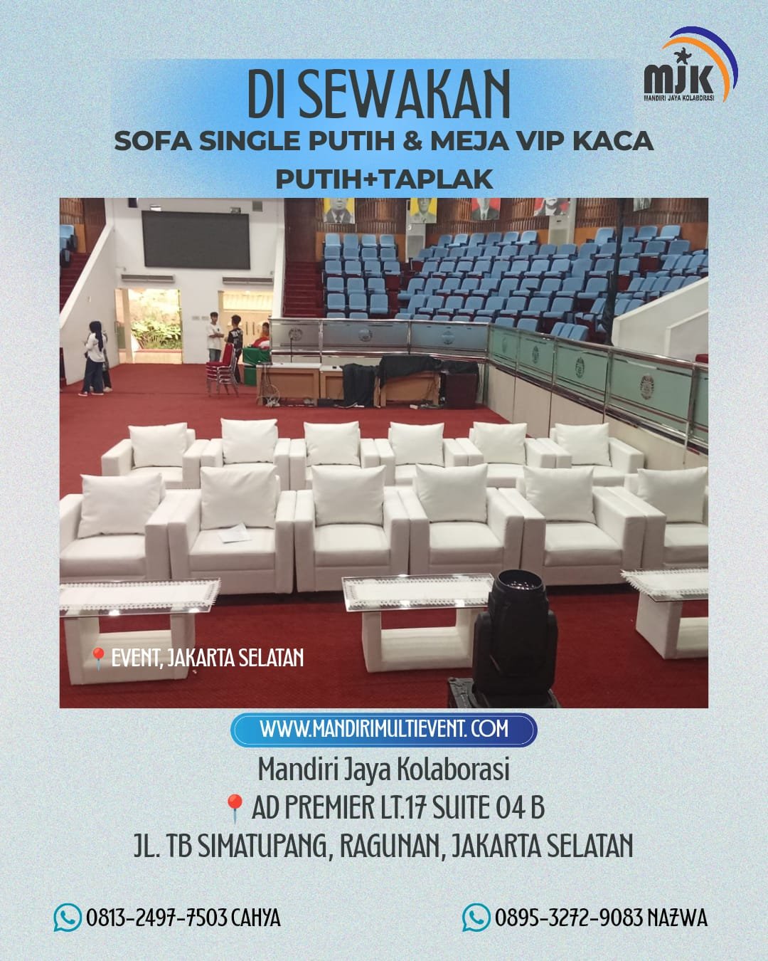 SEWA SOFA SINGLE & MEJA VIP KACA PUTIH