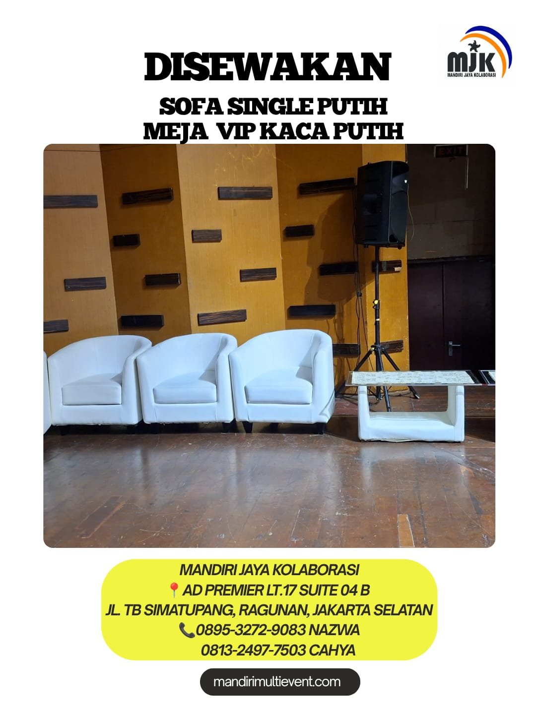 SEWA SOFA SINGLE PUTIH & MEJA VIP KACA