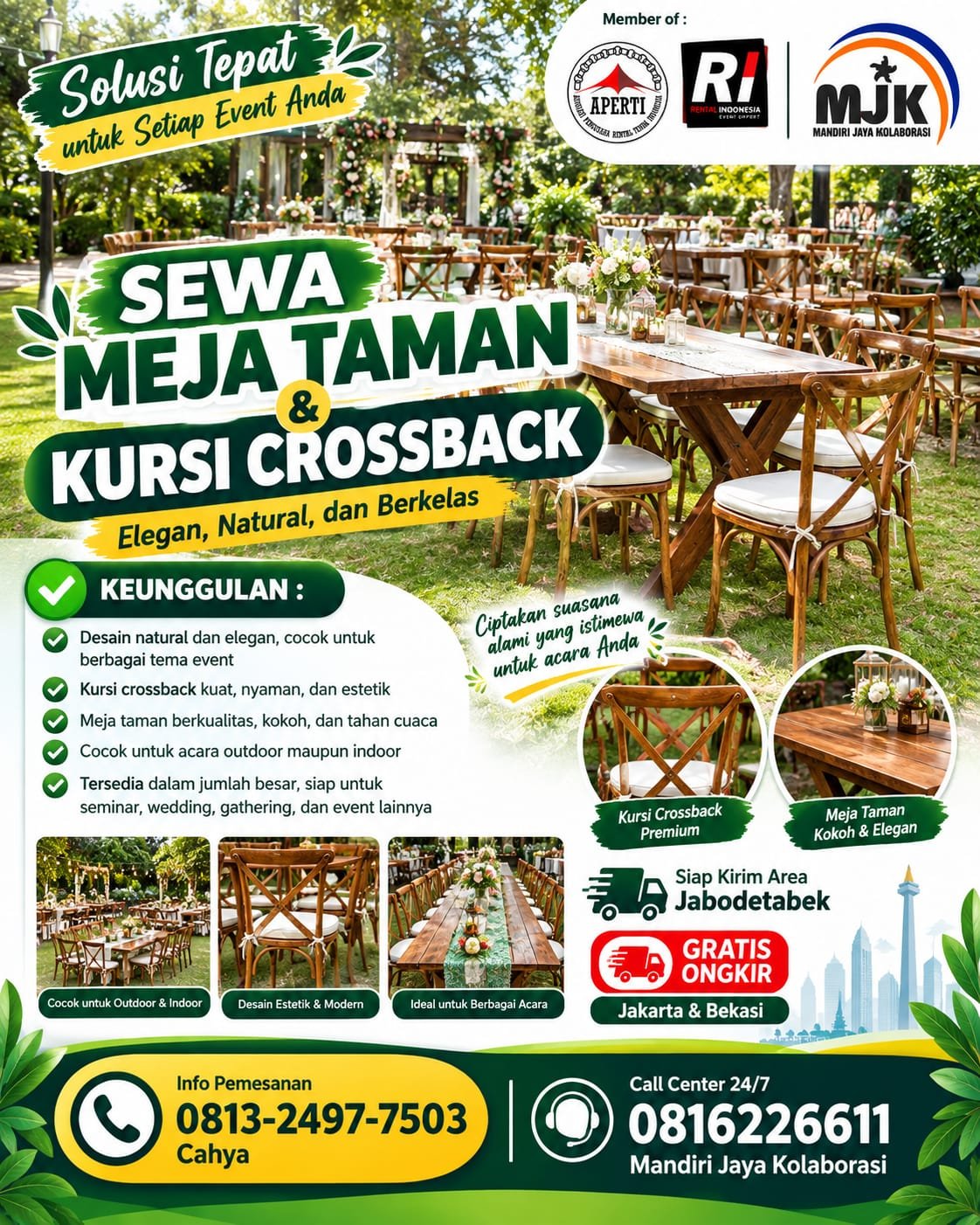 SEWA MEJA TAMAN&KURSI CROSSBACK ELEGAN&BERKELAS