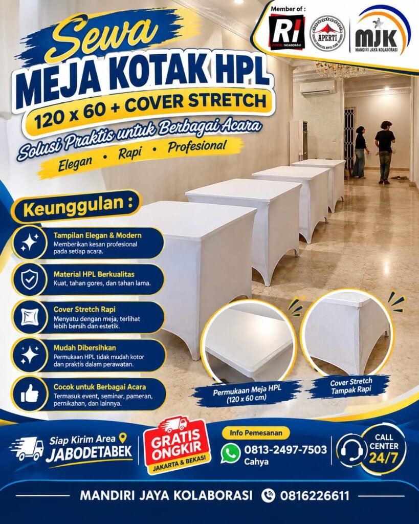 SEWA MEJA KOTAK HPL 120X60 COVER STERETCH 