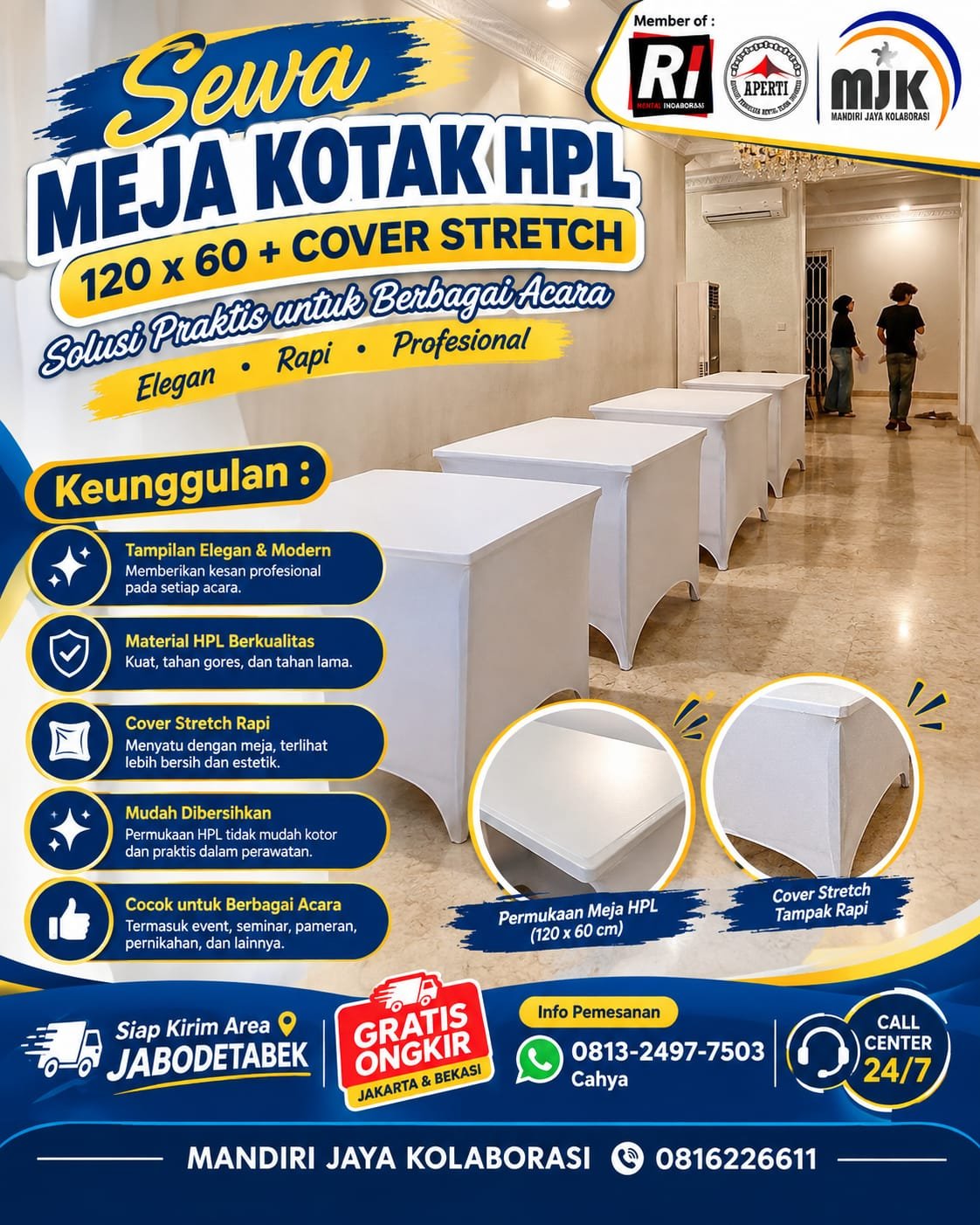 SEWA MEJA KOTAK HPL 120X60 COVER STERETCH